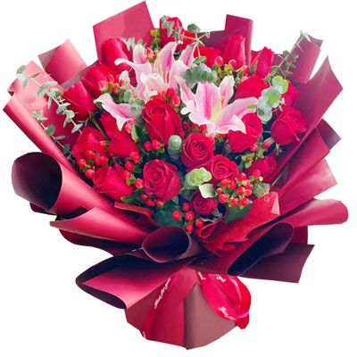 拉萨22朵红玫瑰百合，爱的火焰